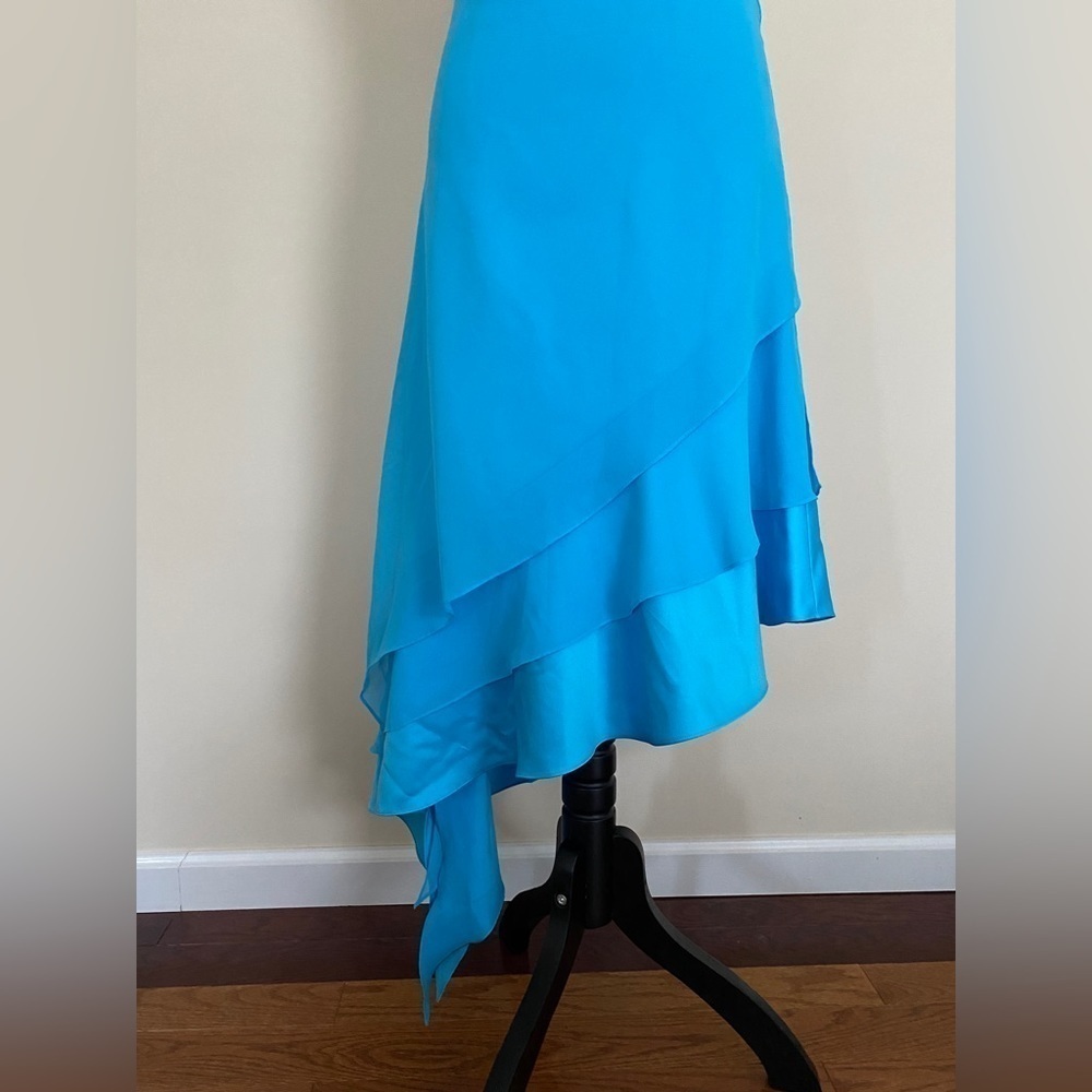 NWT Turquoise Spaghetti Strap Fit & Flare Asymmetrical Layered Hem Formal Dress - Picture 3 of 12